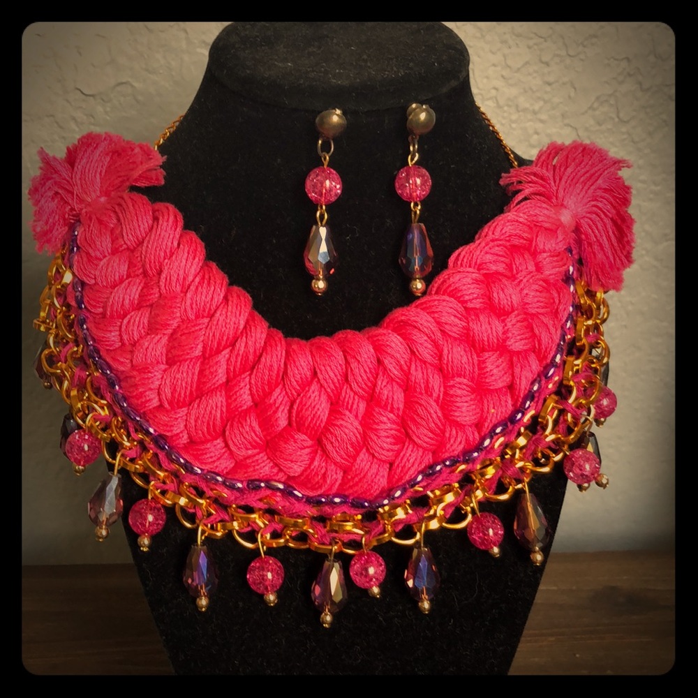 Hot pink cotton thread woven necklace with earring